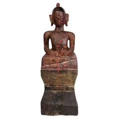 18th Century, Shan, Antique Tai Lue Burmese Wooden Seated Buddha