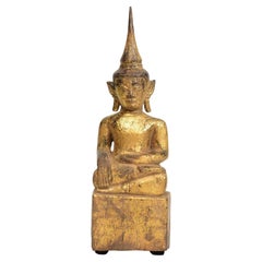 18th Century, Shan, Antique Tai Lue Burmese Wooden Seated Buddha