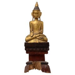 18th Century, Shan, Antique Tai Lue Burmese Wooden Seated Buddha