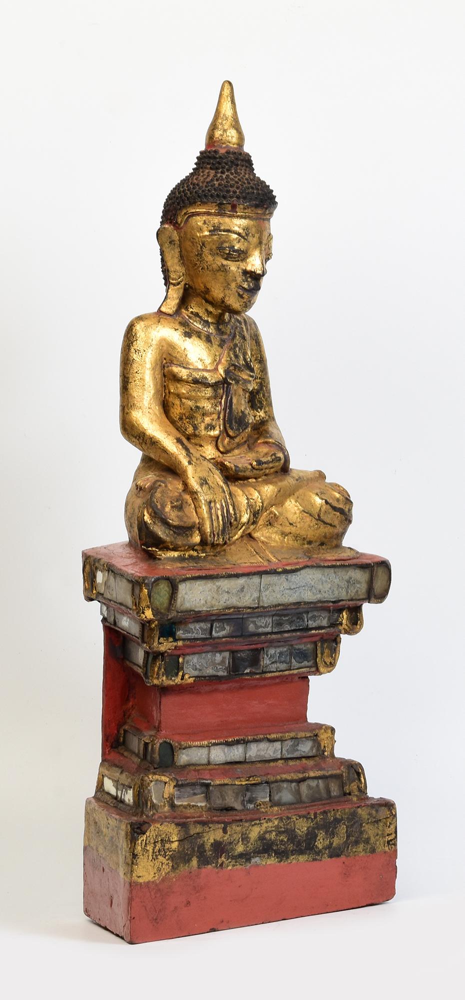 18th Century, Shan, Antique Tai Yai Burmese Wooden Seated Buddha For Sale 6