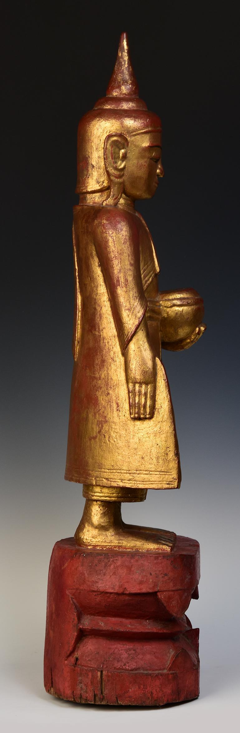 18th Century, Shan, Antique Tai Yai Burmese Wooden Standing Buddha Holding Bowl 5