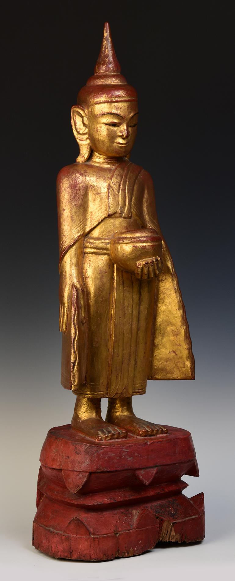 18th Century, Shan, Antique Tai Yai Burmese Wooden Standing Buddha Holding Bowl 7