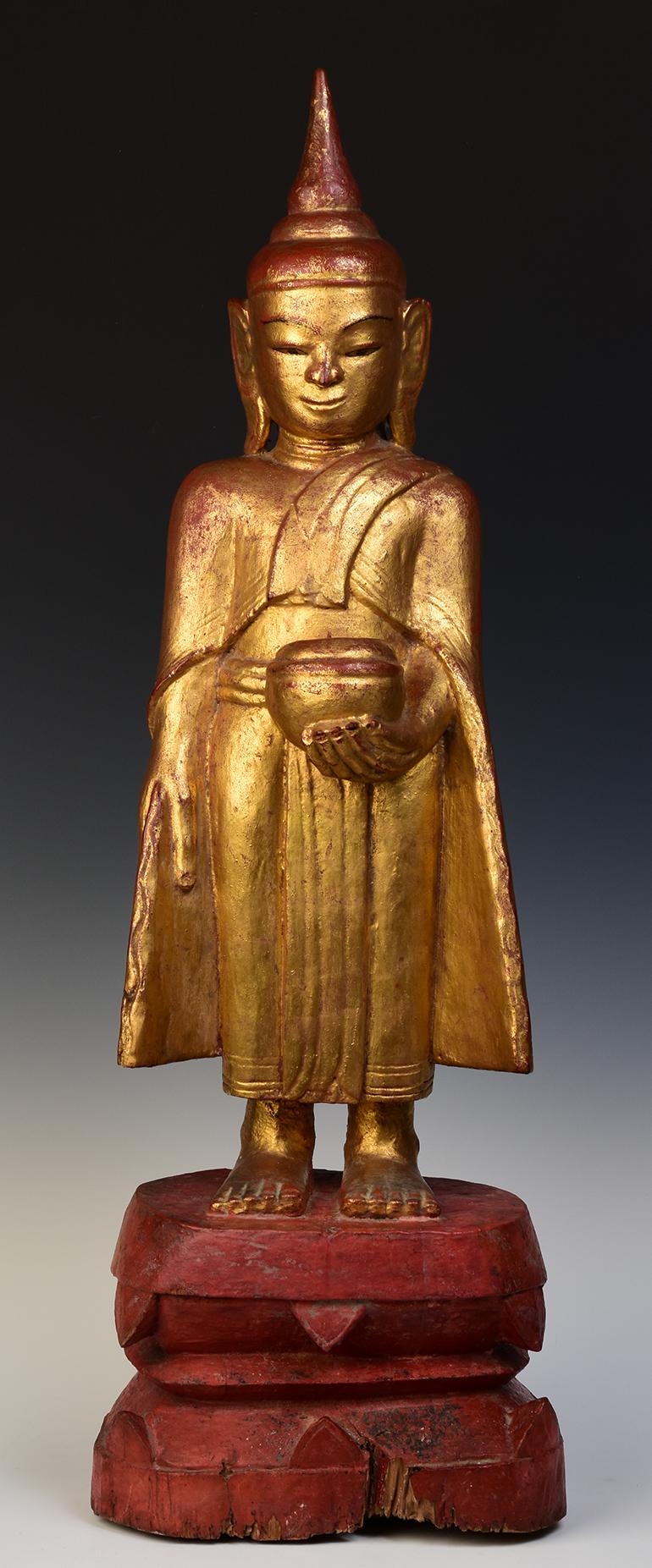 18th Century, Shan, Antique Tai Yai Burmese Wooden Standing Buddha Holding Bowl 8