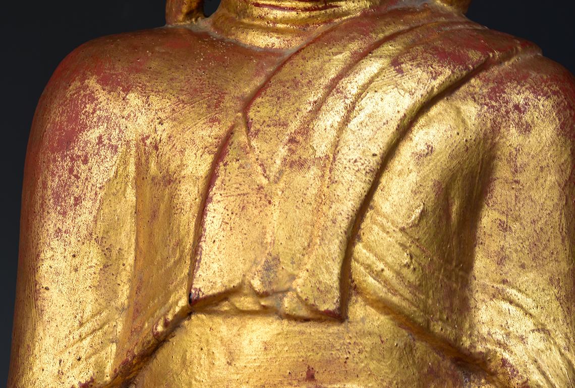 Hand-Carved 18th Century, Shan, Antique Tai Yai Burmese Wooden Standing Buddha Holding Bowl