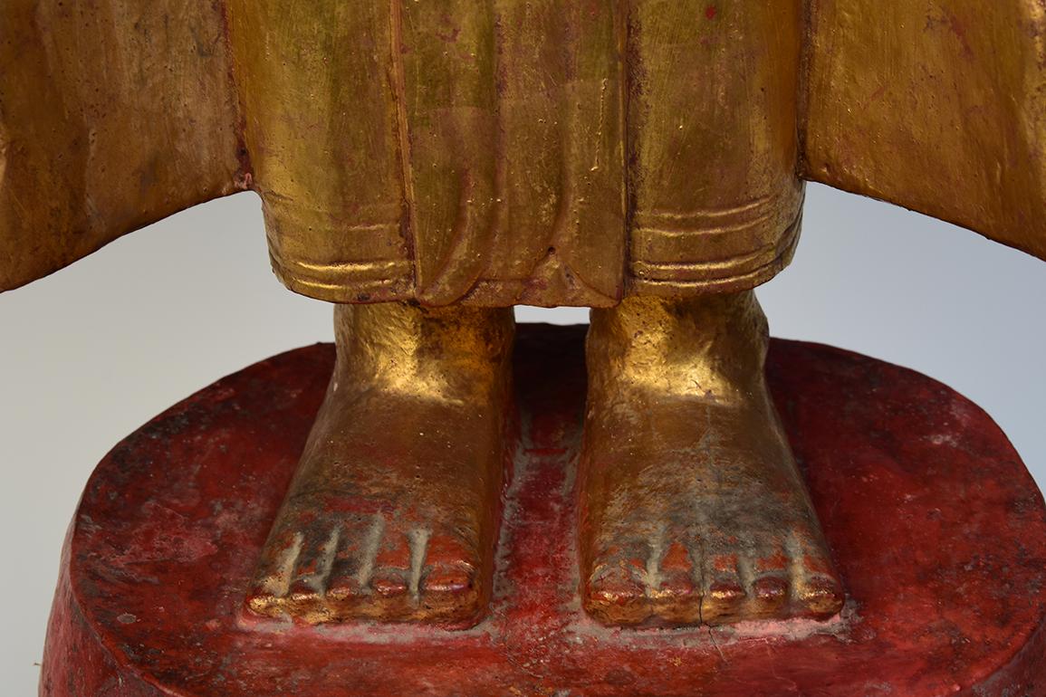 18th Century and Earlier 18th Century, Shan, Antique Tai Yai Burmese Wooden Standing Buddha Holding Bowl