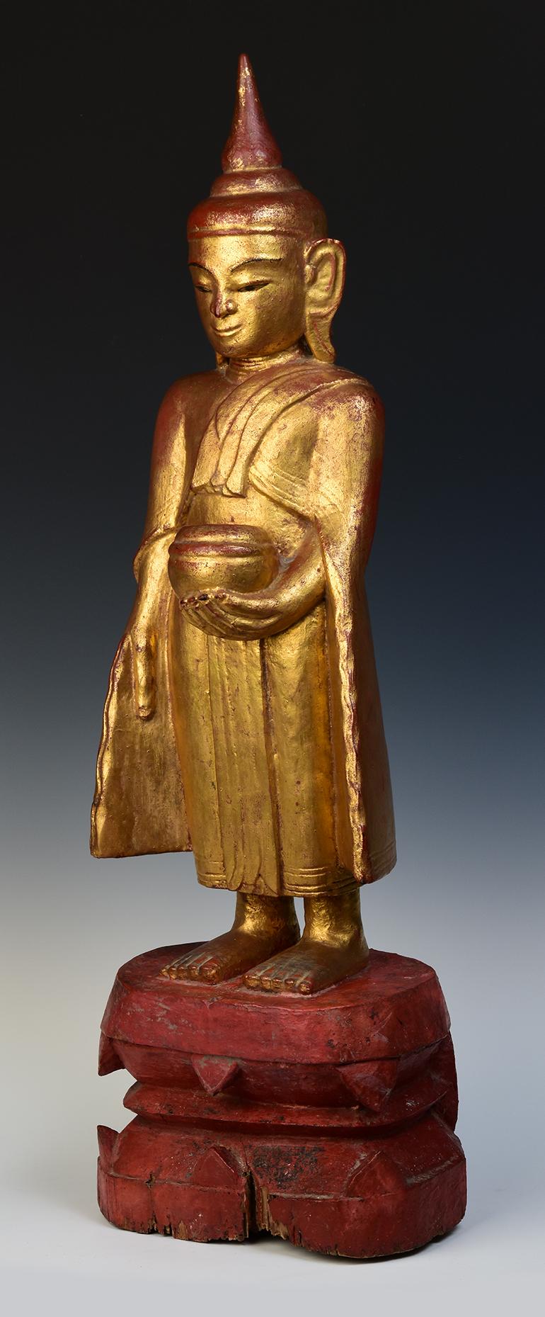 18th Century, Shan, Antique Tai Yai Burmese Wooden Standing Buddha Holding Bowl 1
