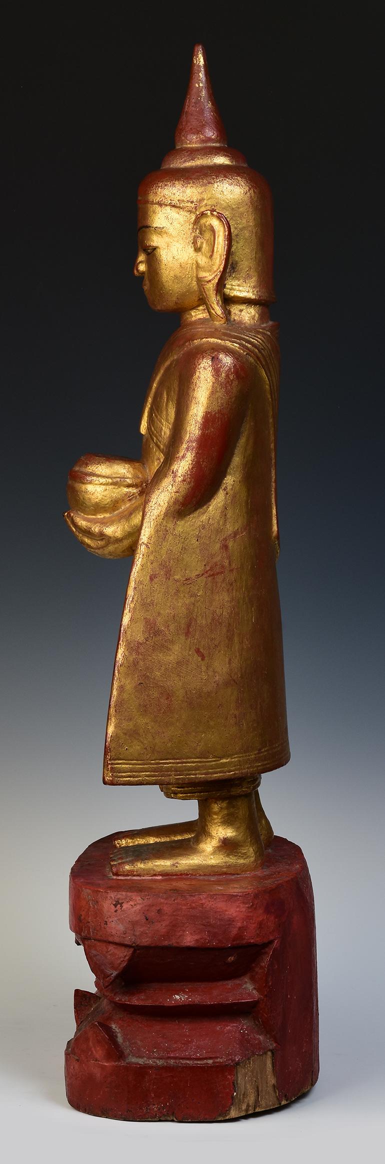 18th Century, Shan, Antique Tai Yai Burmese Wooden Standing Buddha Holding Bowl 2