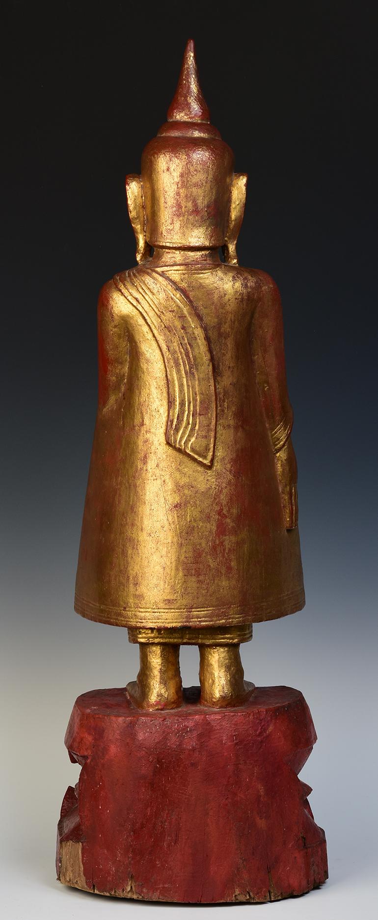 18th Century, Shan, Antique Tai Yai Burmese Wooden Standing Buddha Holding Bowl 3
