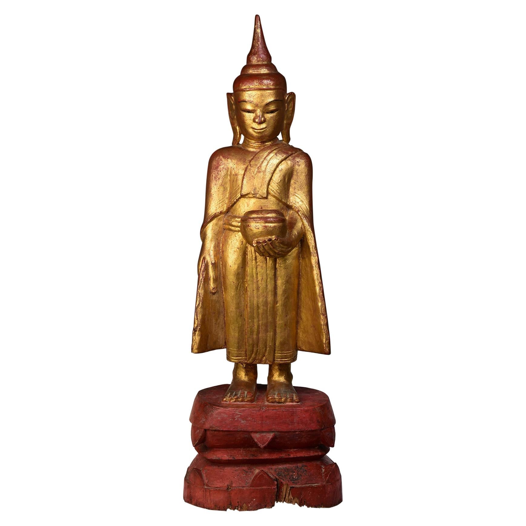 18th Century, Shan, Antique Tai Yai Burmese Wooden Standing Buddha Holding Bowl