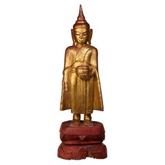 18th Century, Shan, Antique Tai Yai Burmese Wooden Standing Buddha Holding Bowl