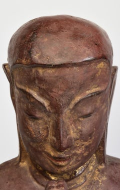 18th Century, Shan, Rare Antique Burmese Wooden Seated Disciple / Monk