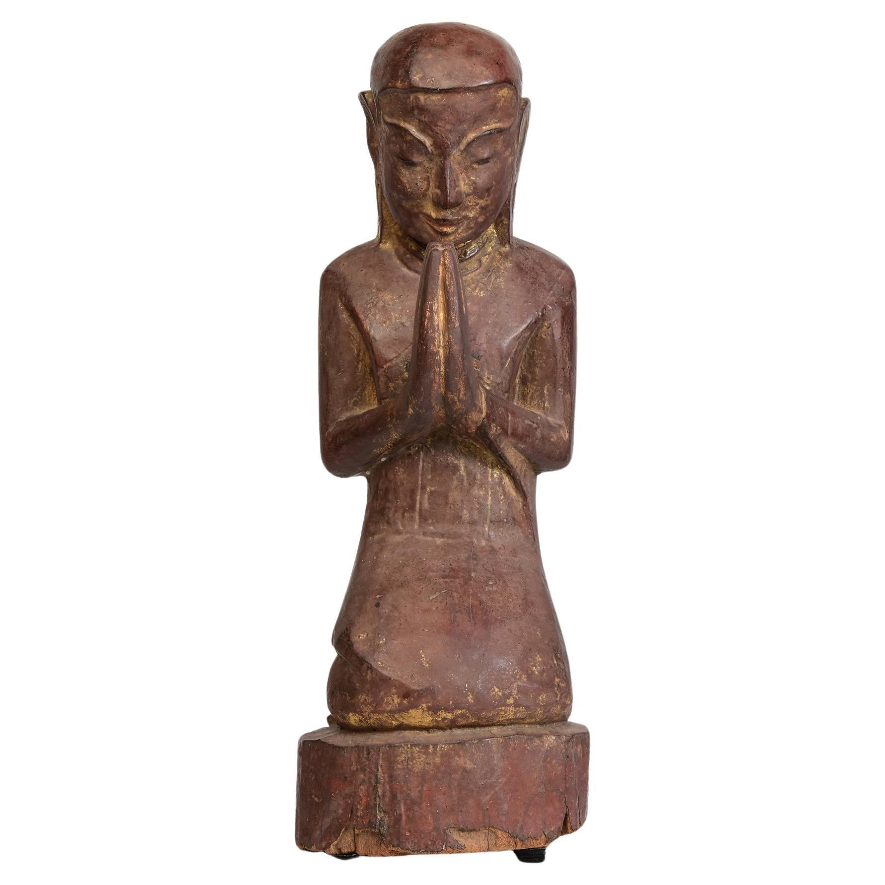 18th Century, Shan, Rare Antique Burmese Wooden Seated Disciple / Monk
