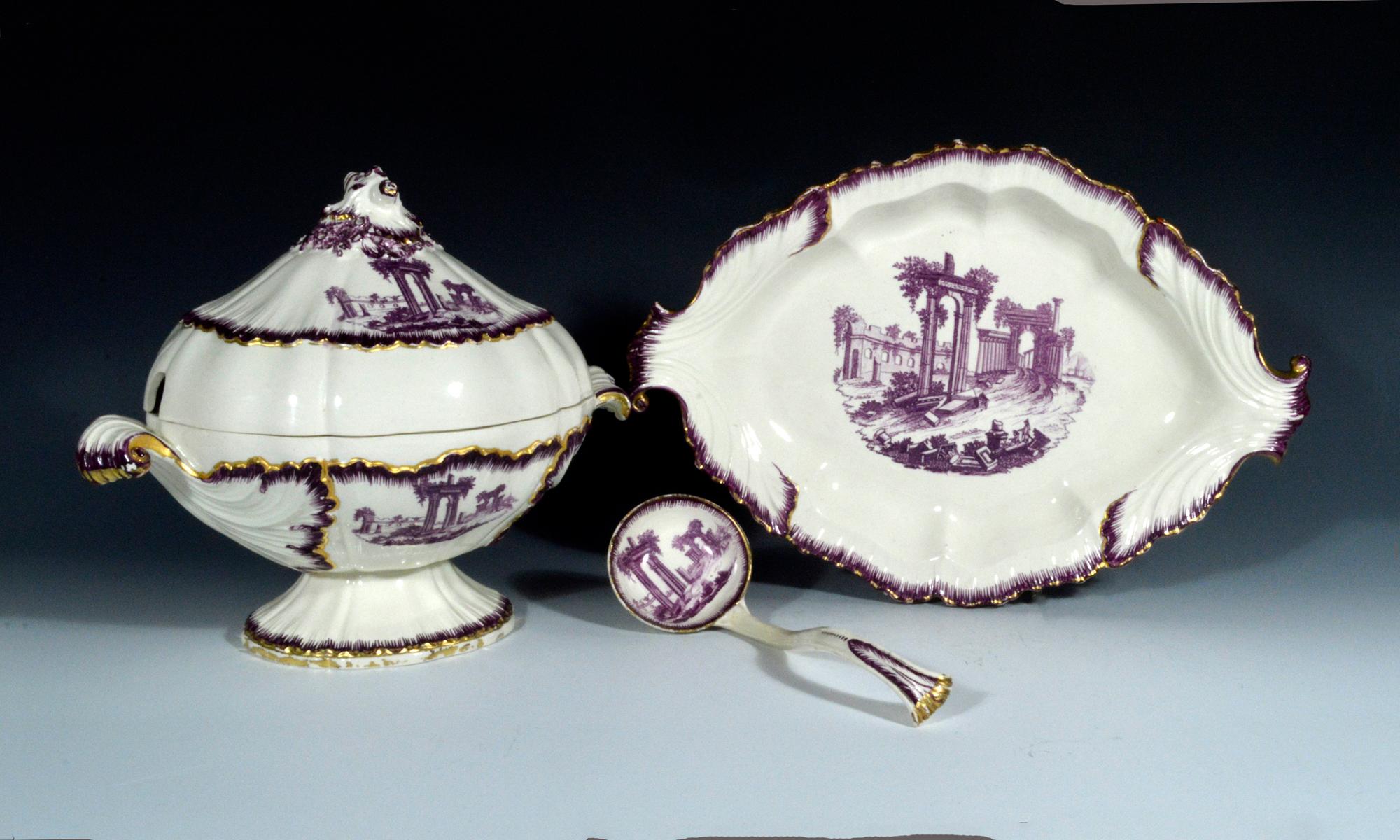 Georgian 18th Century Shell-Edge Creamware Sauce Tureen Puce-Decorated by Neale & Co. For Sale