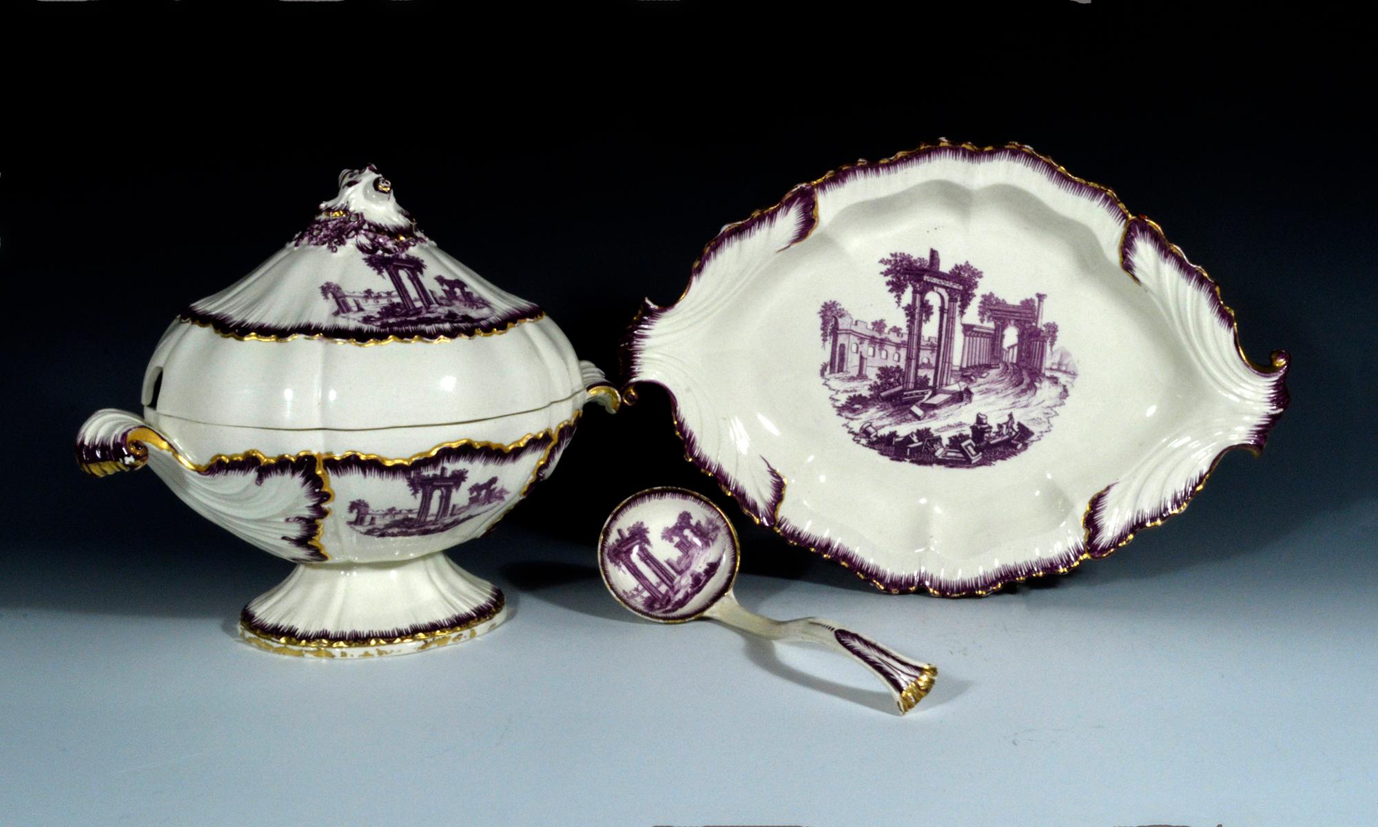 English 18th Century Shell-Edge Creamware Sauce Tureen Puce-Decorated by Neale & Co. For Sale