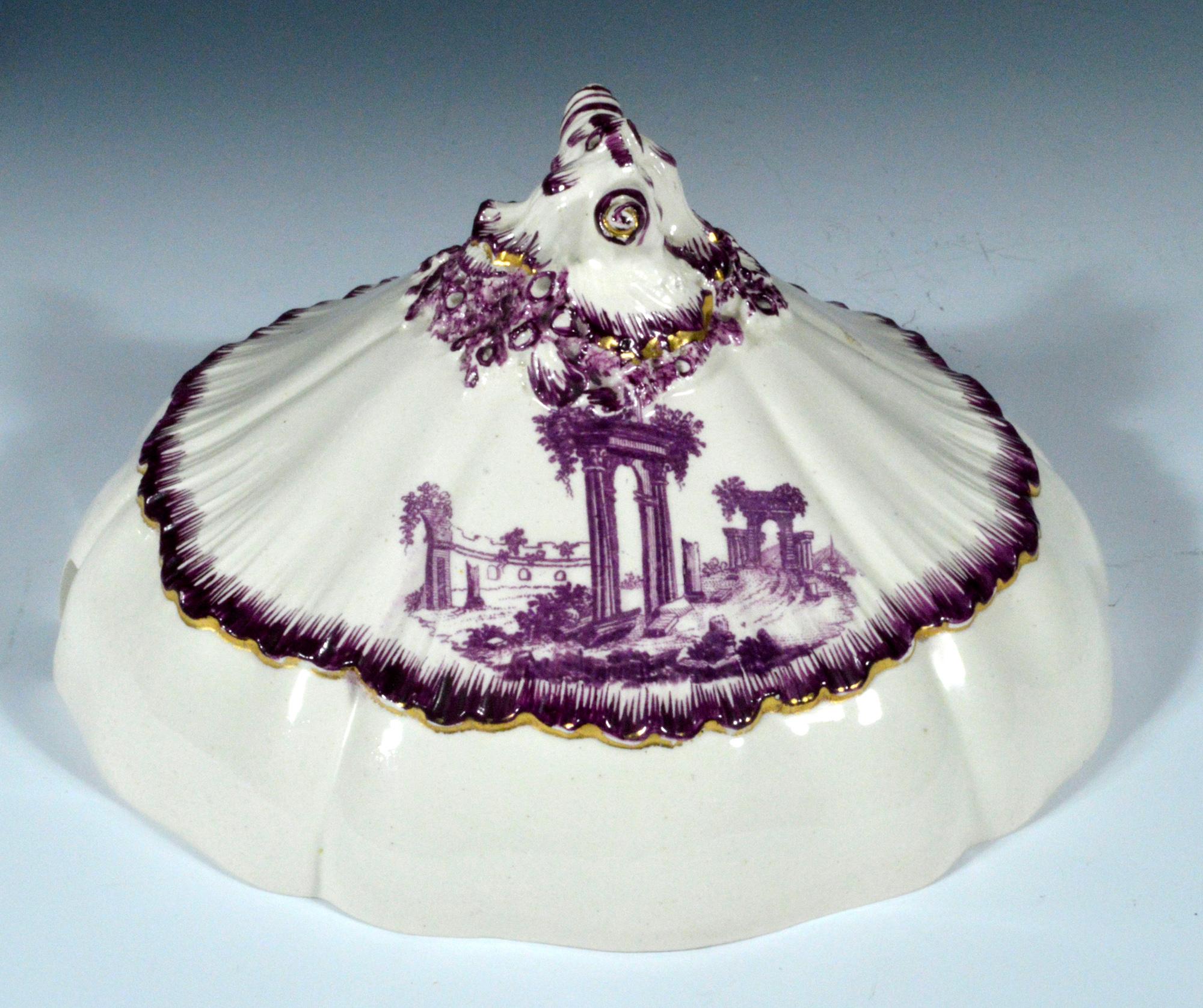 18th Century Shell-Edge Creamware Sauce Tureen Puce-Decorated by Neale & Co. For Sale 1