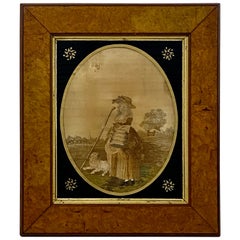18th Century "Shepherdess" Silk Embroidery Framed in Burl Walnut