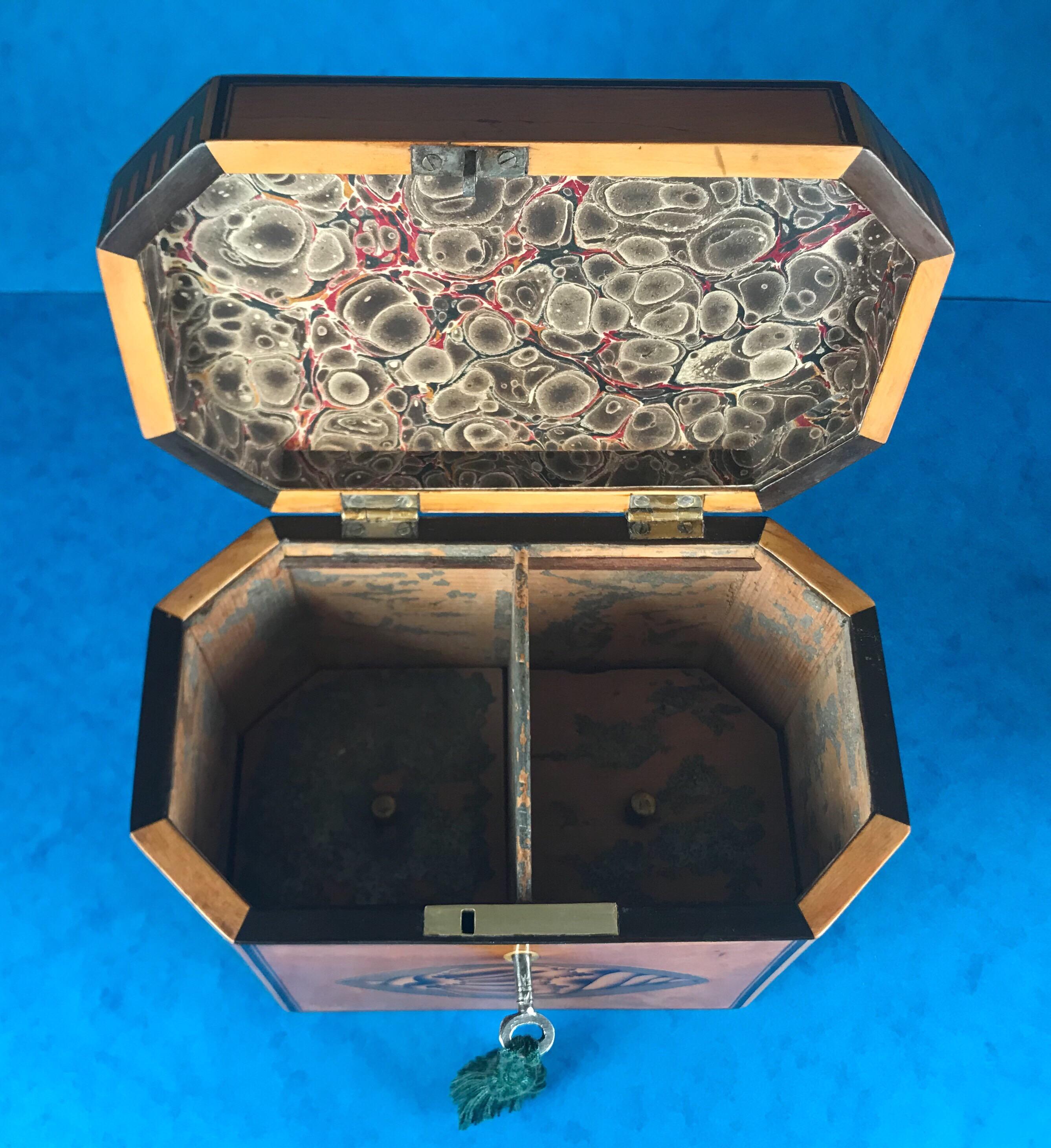 18th Century Sheraton 1790 Octagonal Shell Inlaid Twin Lidded Tea Caddy For Sale 5