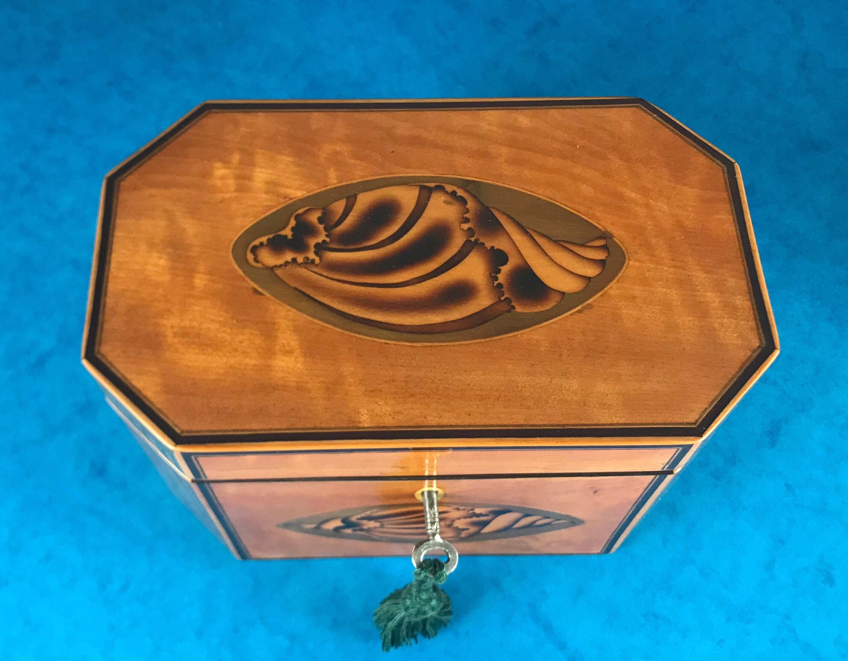 18th Century Sheraton 1790 Octagonal Shell Inlaid Twin Lidded Tea Caddy In Good Condition For Sale In Windsor, Berkshire