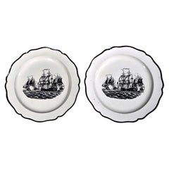 18th Century Ship Decorated Liverpool Pearlware Plates