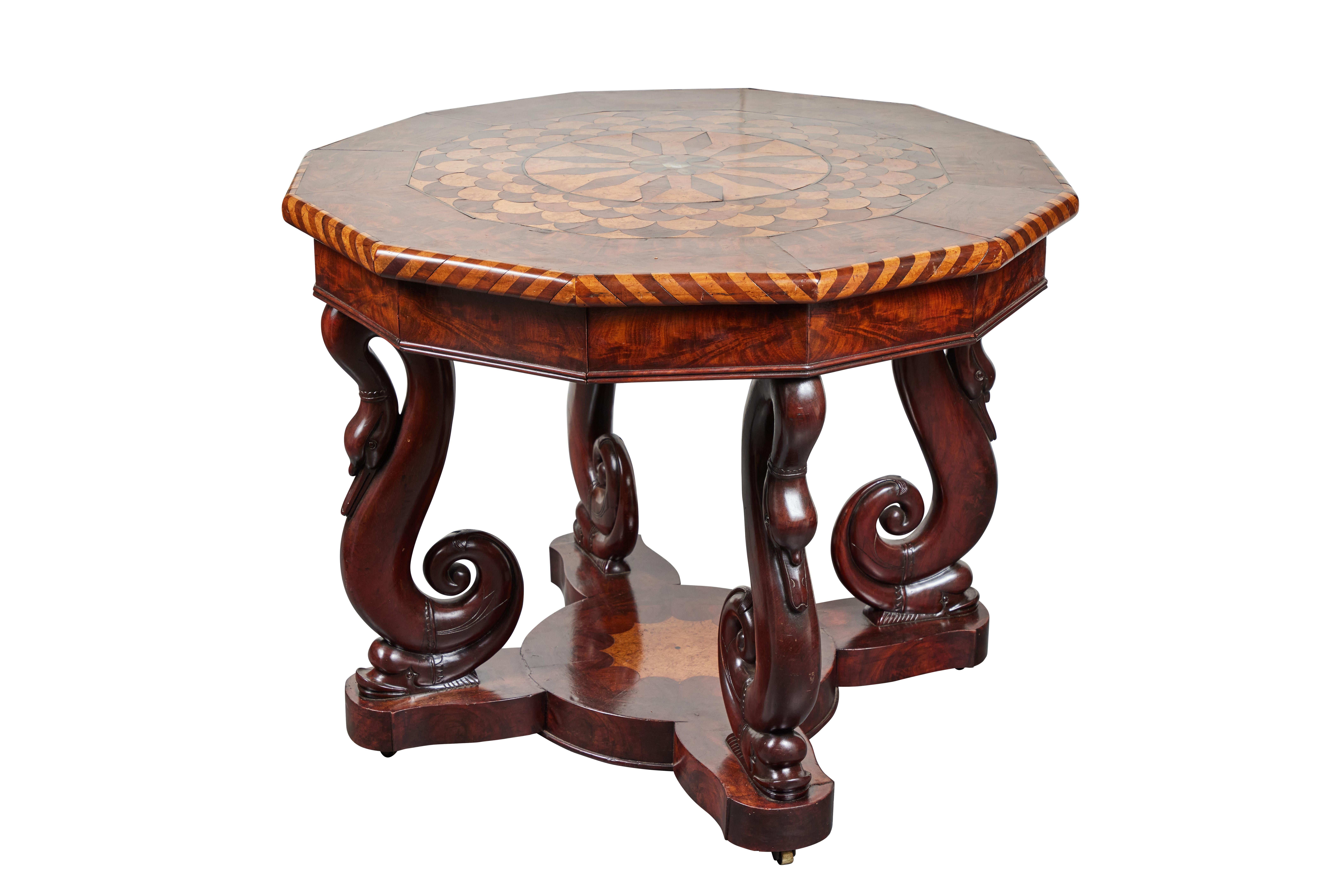 A remarkable, twelve sided, intricately veneered and inlaid, 18th c. Italian, marquetry center table. The mother-of-pearl embellished top medallion is encircled by a radiant, fish scale surround and bordered by a banded edge. The whole on a base of