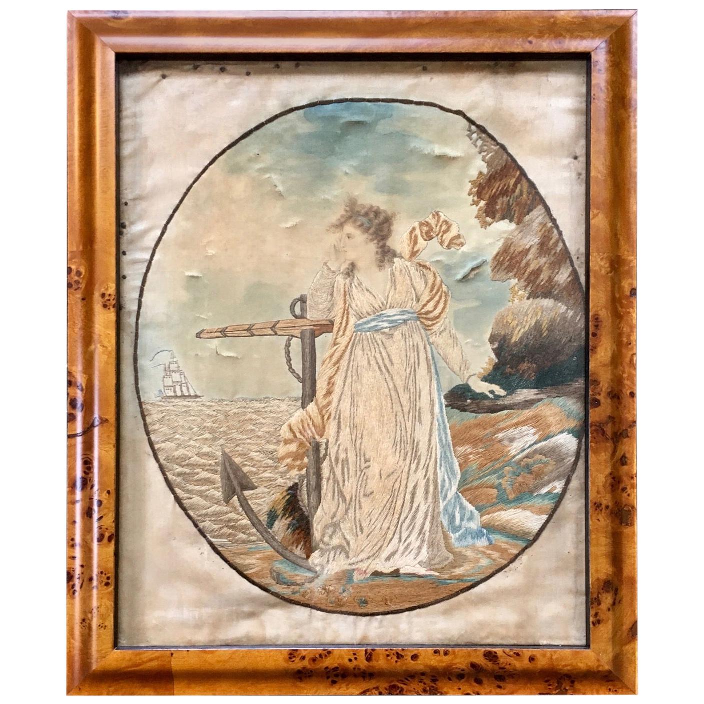 18th Century Silk Embroidered Nautical Scene