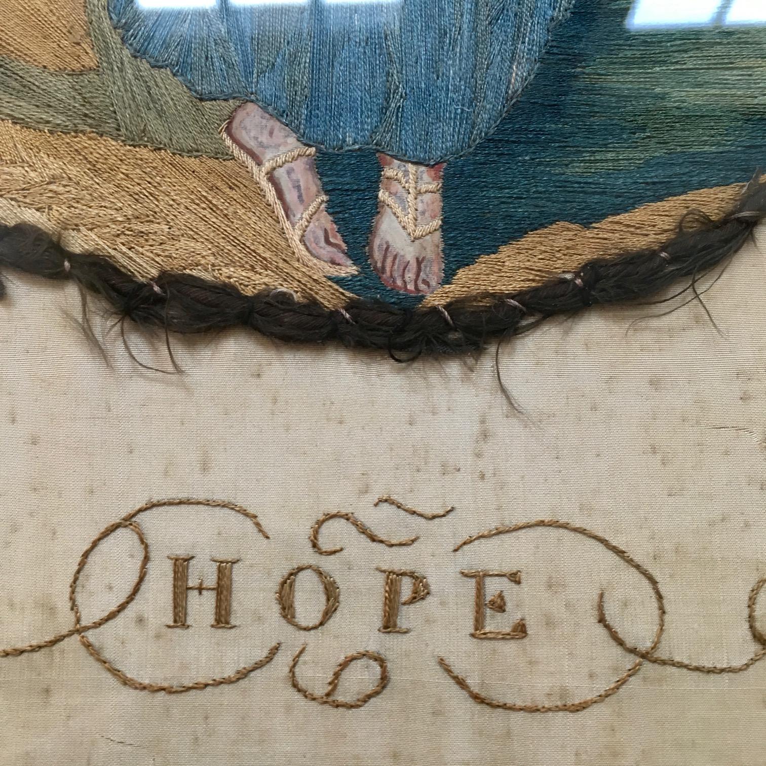 English 18th Century Silk Embroidered Nautical Scene, HOPE