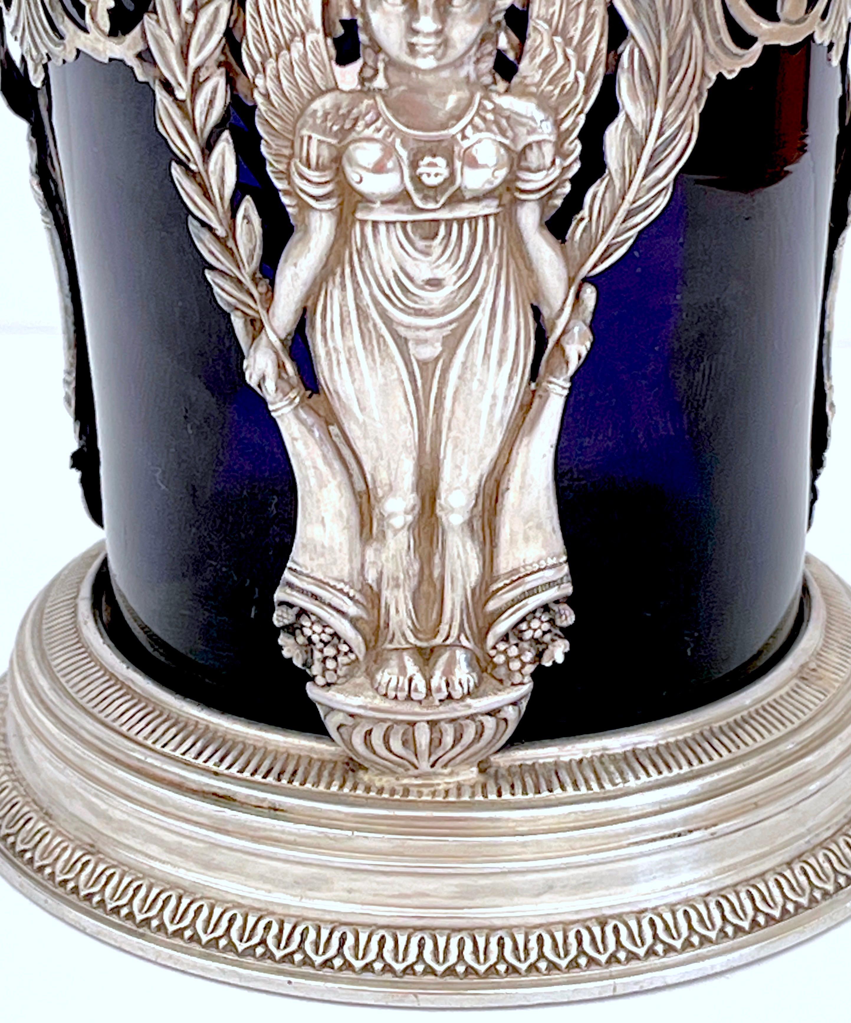 Engraved 18th Century Silver & Cobalt Glass Vase, French 1st Republic, Paris 1798  For Sale