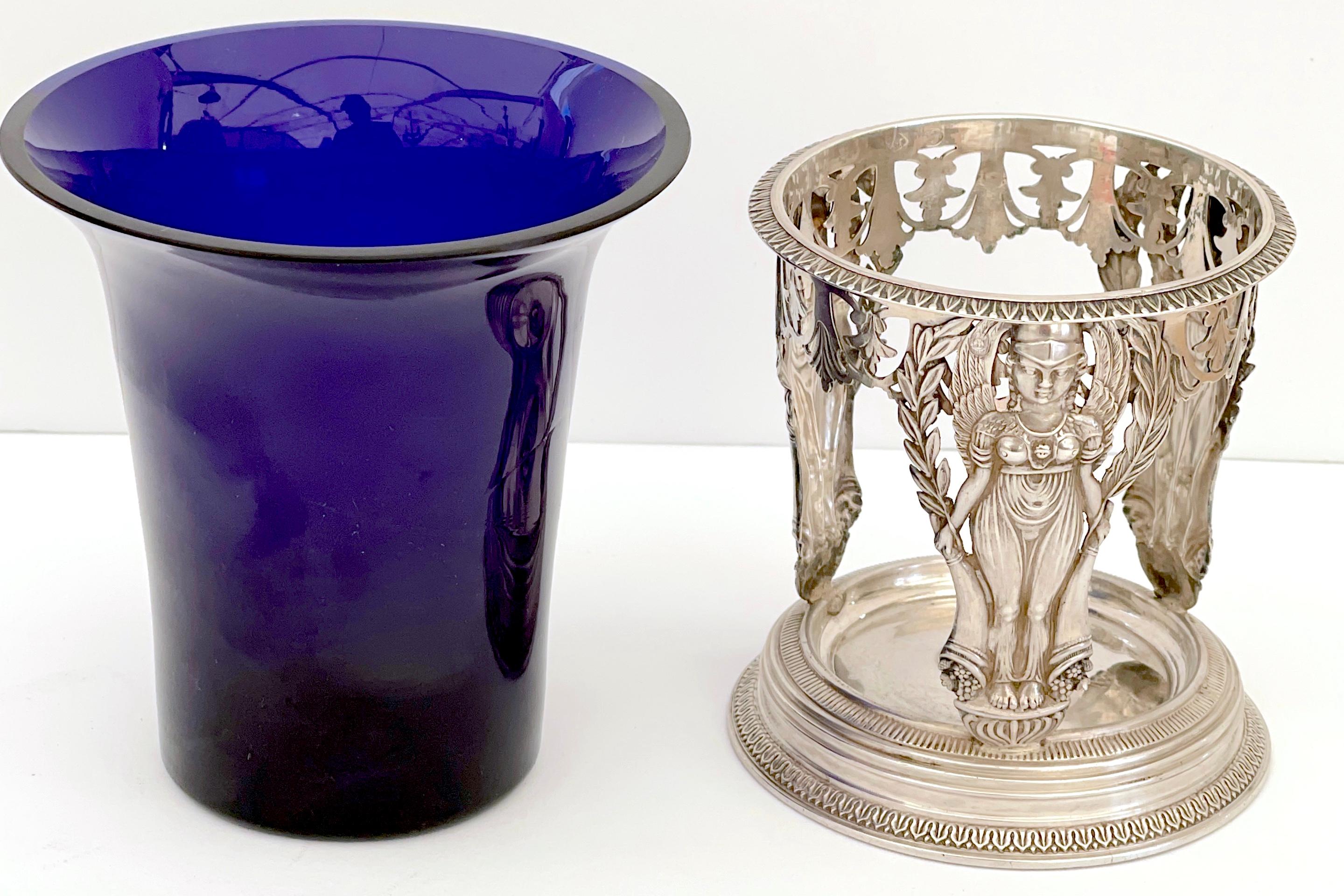 Sterling Silver 18th Century Silver & Cobalt Glass Vase, French 1st Republic, Paris 1798  For Sale