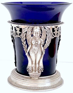 Antique 18th Century Silver & Cobalt Glass Vase, French 1st Republic, Paris 1798 