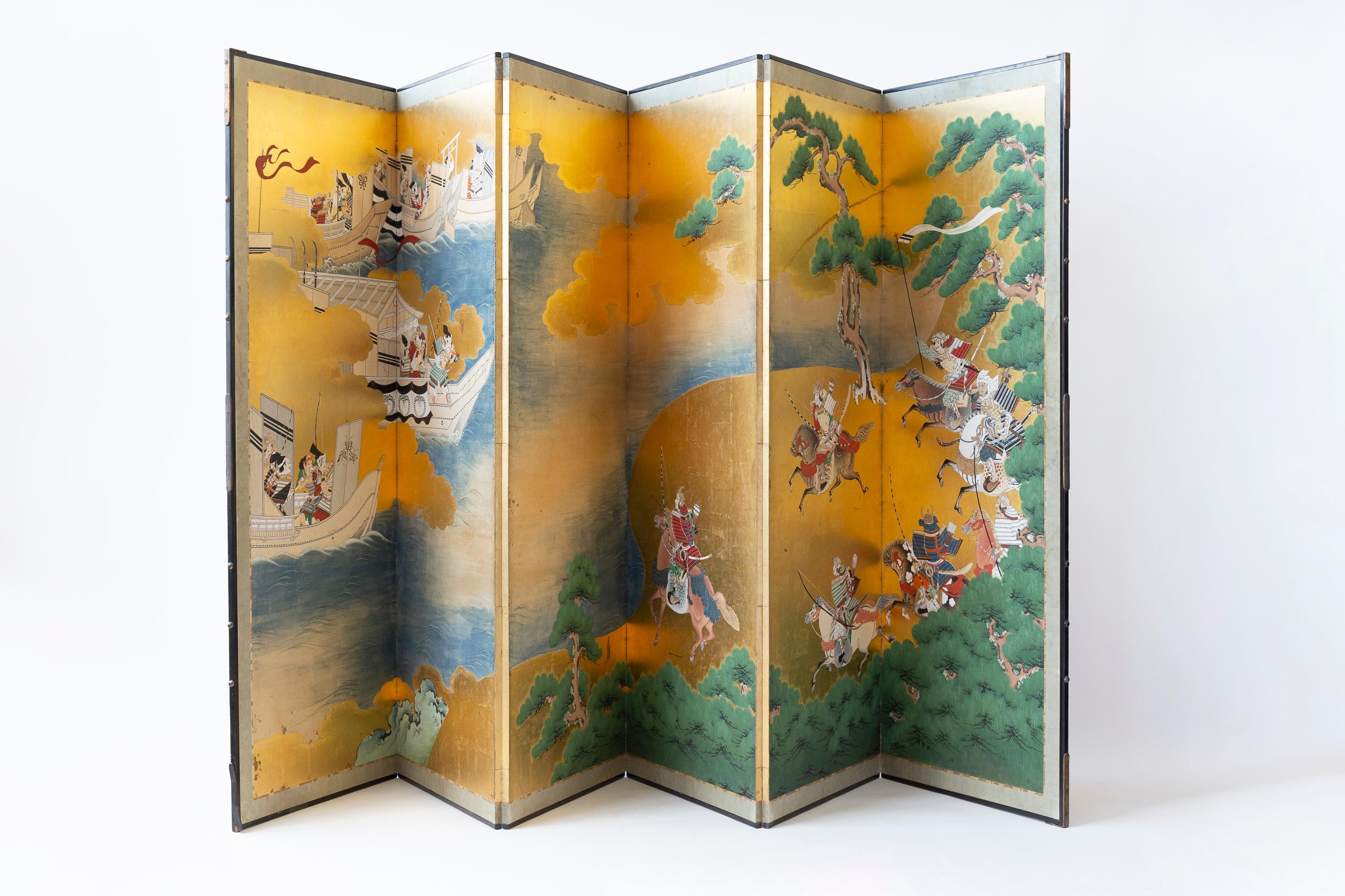 Paravent japonais à six panneaux du XVIIIe siècle représentant des samouraïs sur des chevaux en vente 4