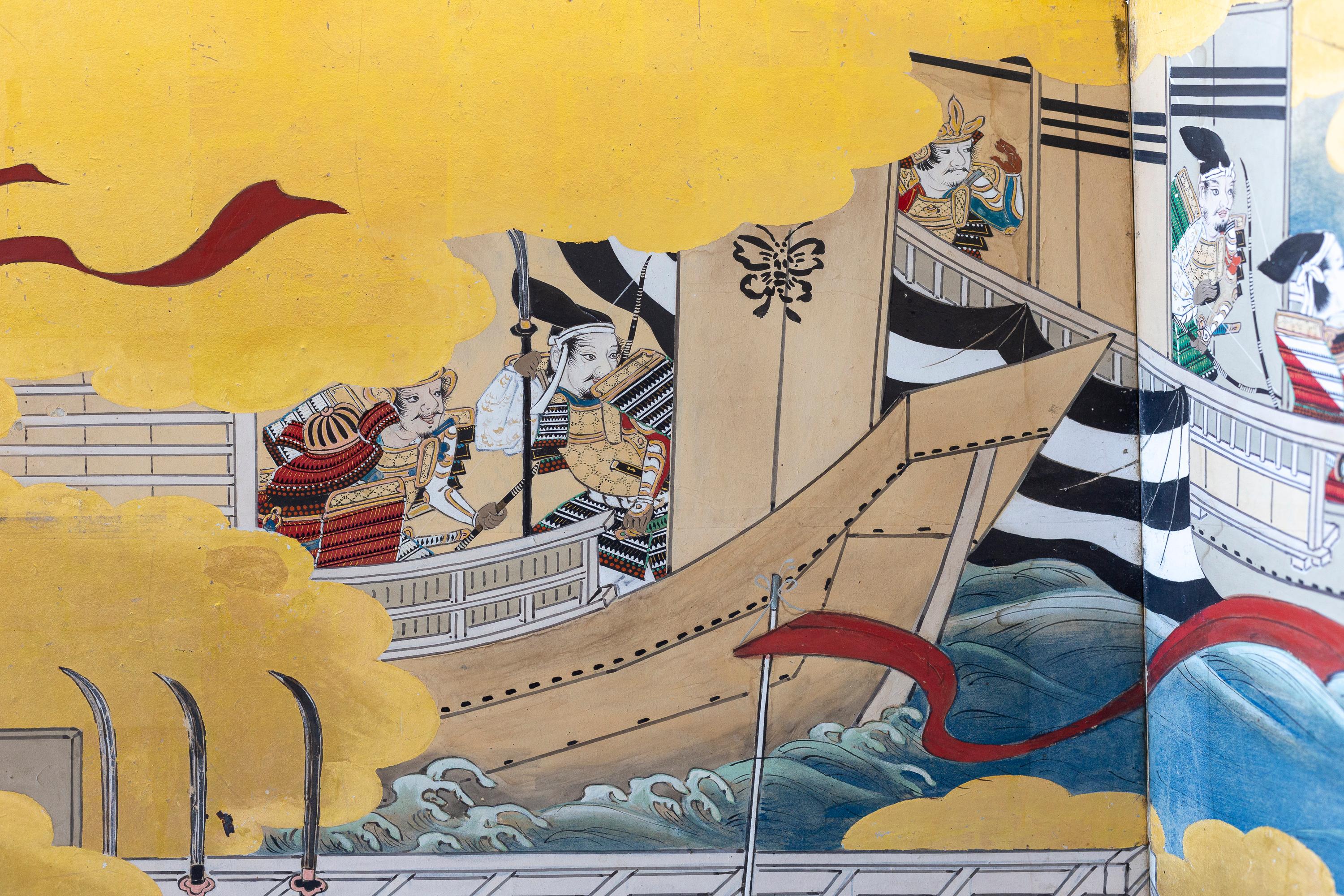 Japonais Paravent japonais à six panneaux du XVIIIe siècle représentant des samouraïs sur des chevaux en vente