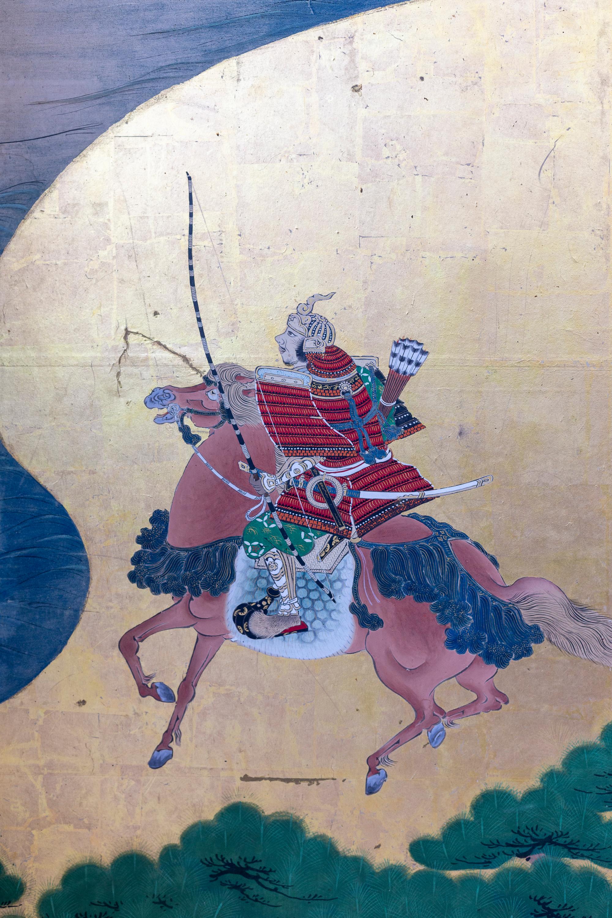 Peint à la main Paravent japonais à six panneaux du XVIIIe siècle représentant des samouraïs sur des chevaux en vente