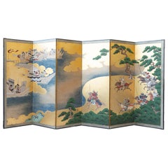 18th Century Six Panel japanese Screen with Samurai on Horses