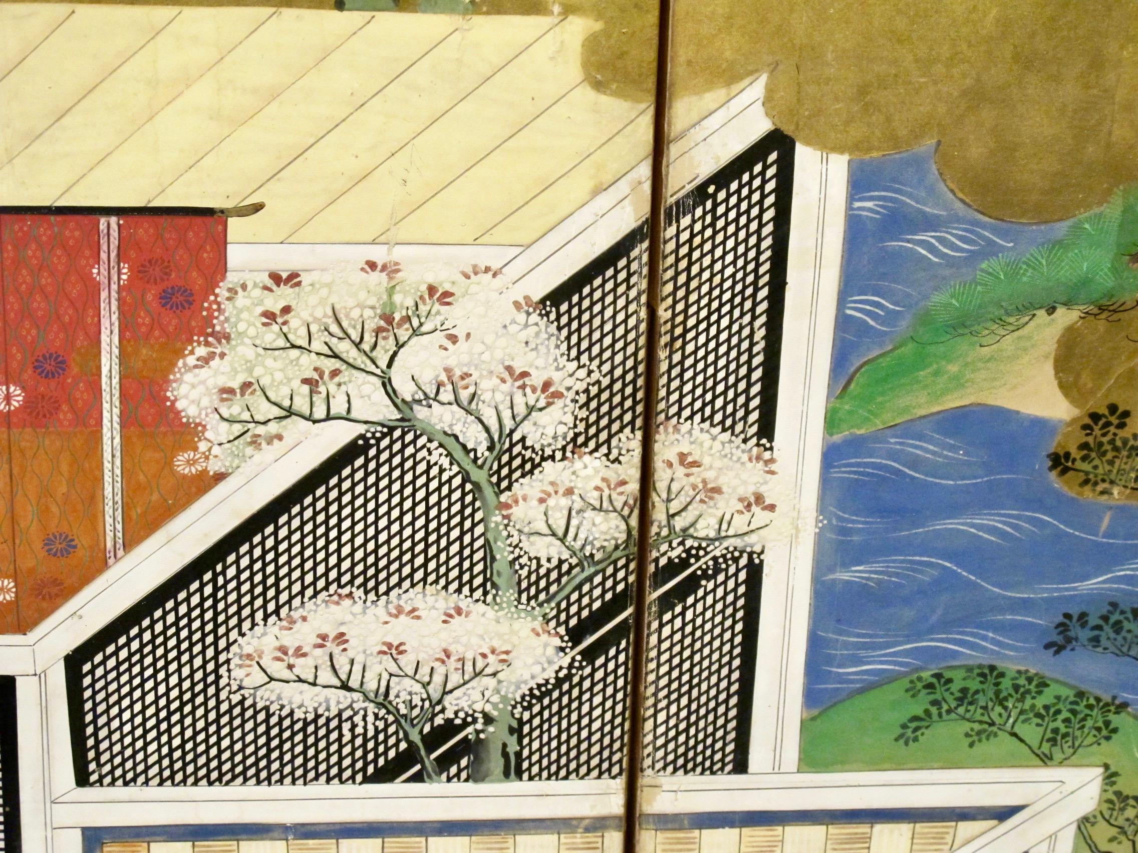 Edo 18th Century Six-Panel Screen on Paper, Gold Leaves and Colors For Sale