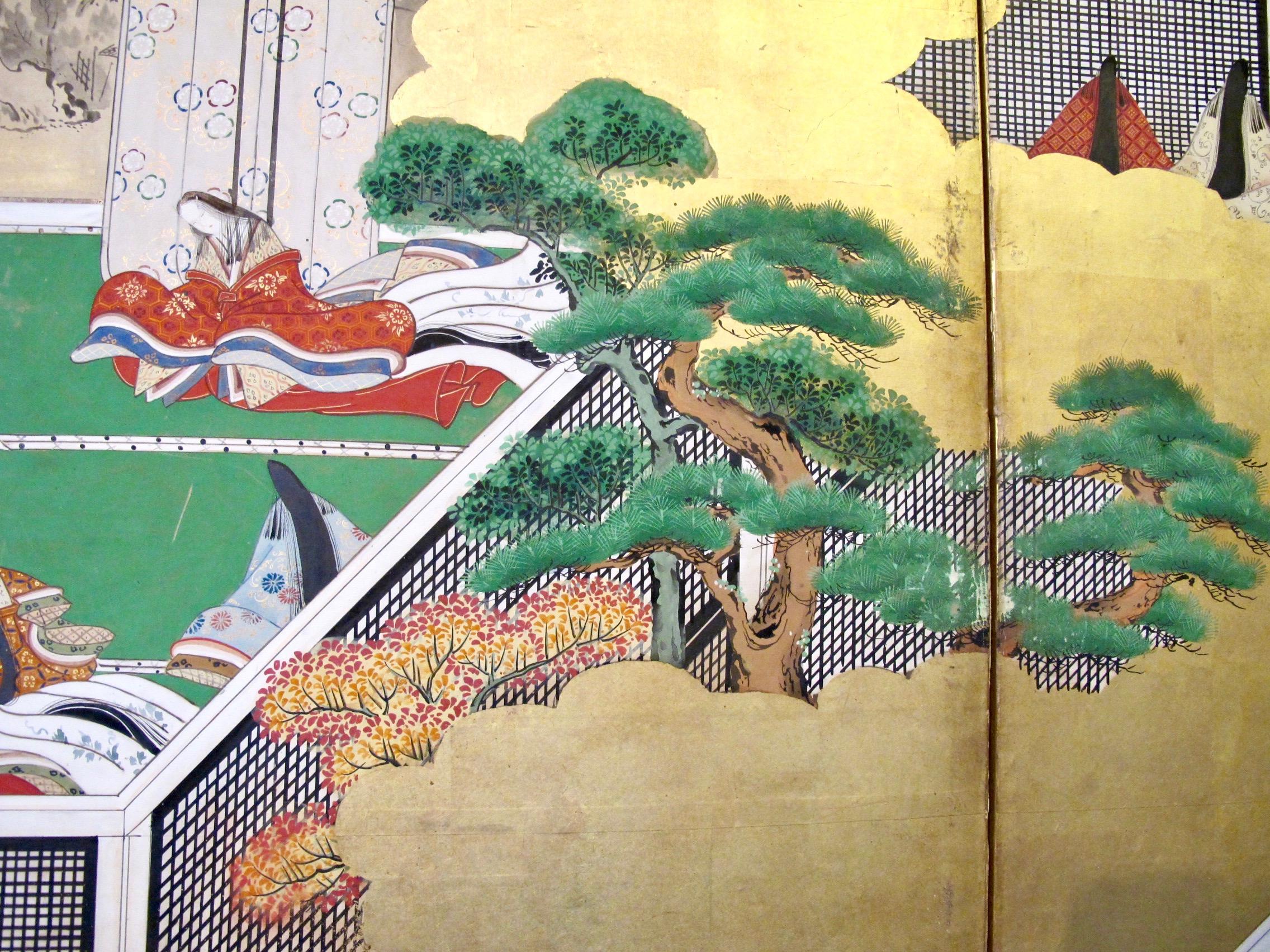 Japanese 18th Century Six-Panel Screen on Paper, Gold Leaves and Colors For Sale
