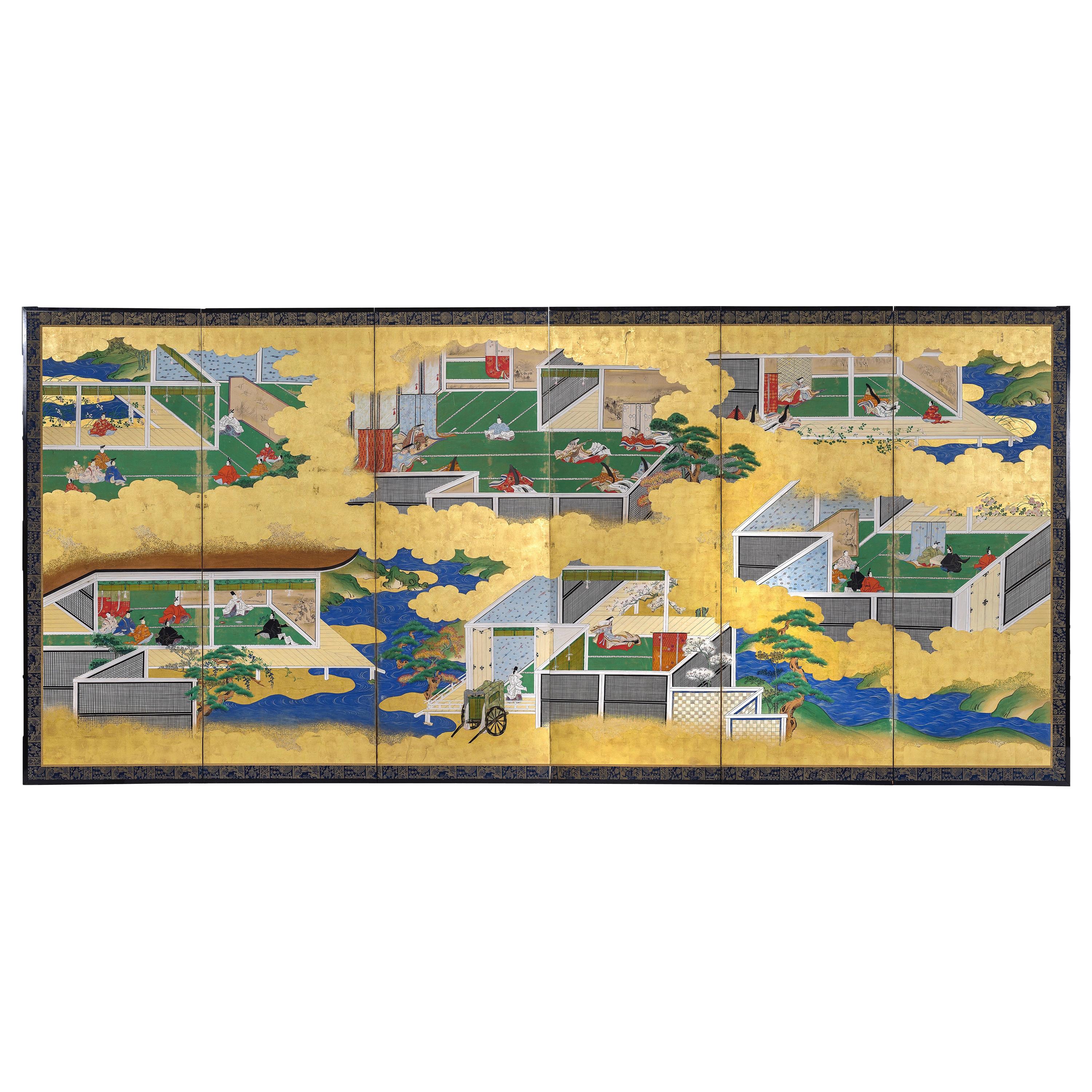 18th Century Six-Panel Screen on Paper, Gold Leaves and Colors For Sale