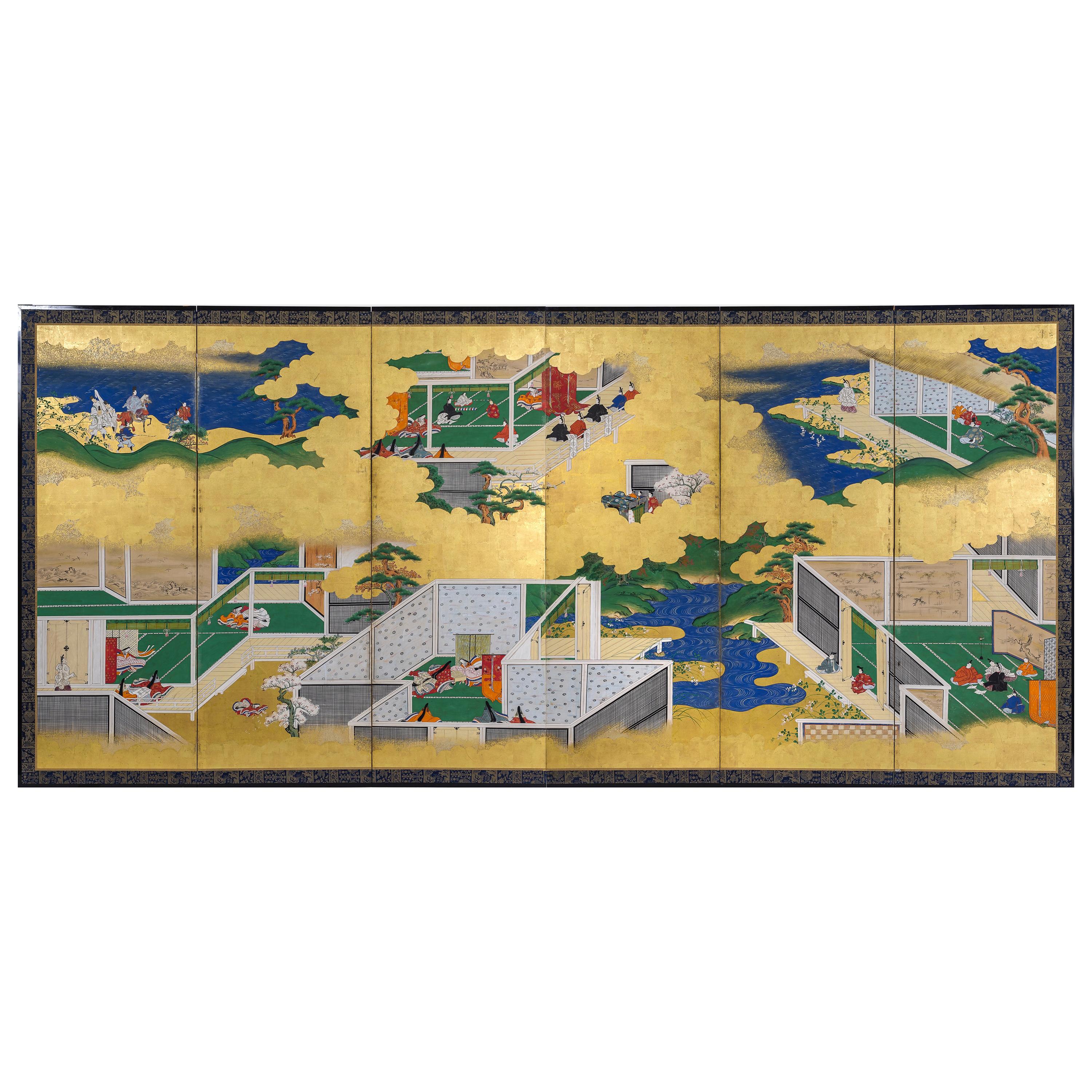 18th Century Six-Panel Screen on Paper, Gold Leaves and Colors For Sale