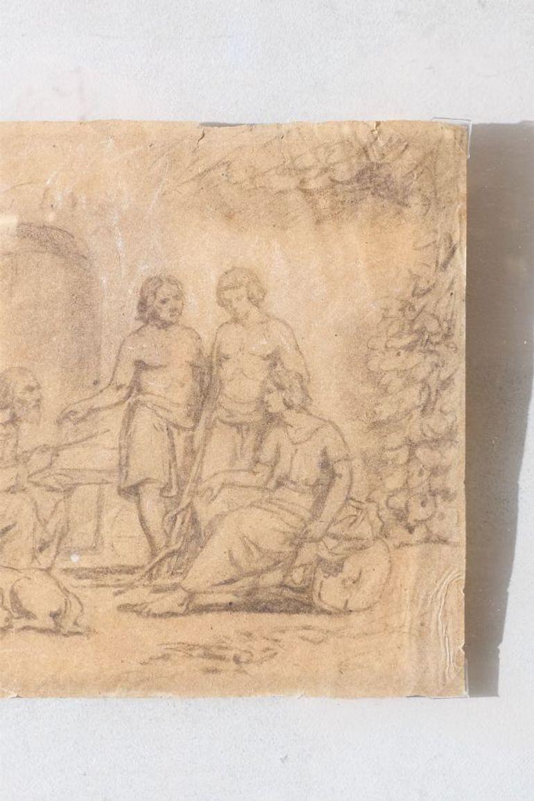 Il s'agit d'une très belle esquisse du XVIIIe siècle d'un homme avec trois garçons intitulée - Vieil homme et ses 3(three). Elle figure au verso et est attribuée à N. Langer. Elle est très joliment encadrée dans une monture flottante entre deux