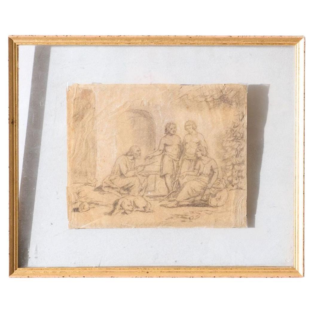 Croquis du 18e siècle intitulé - Vieil homme et ses 3 fils