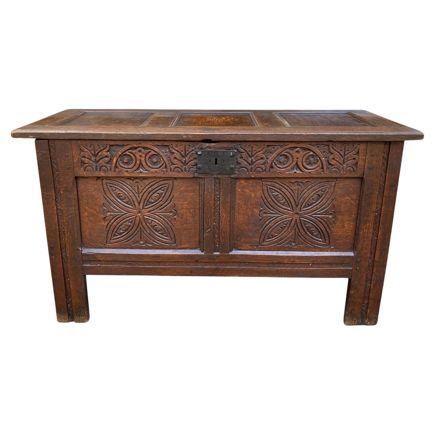 18th Century Small Carved Oak Panelled Coffer Chest