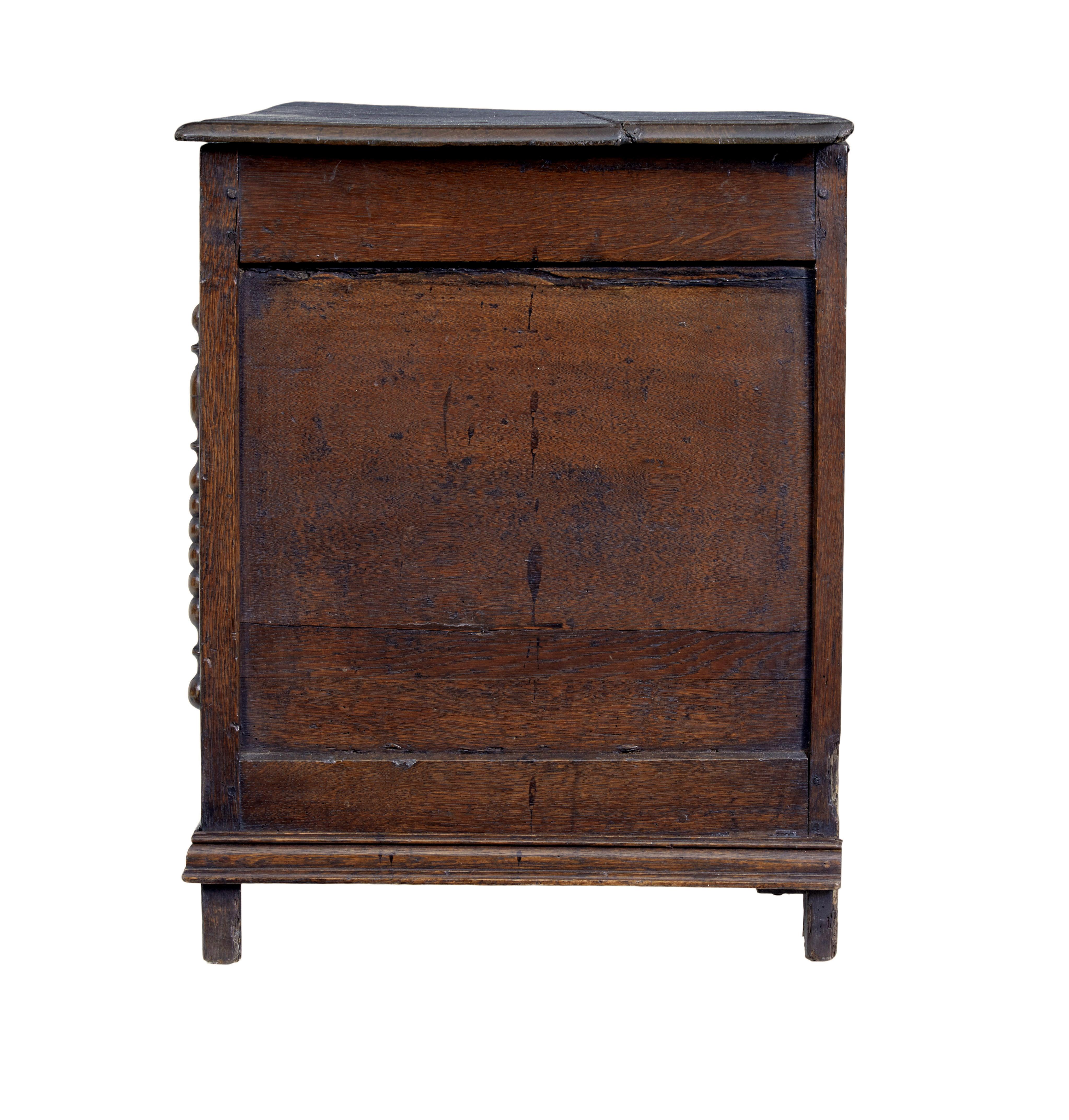 Hand-Carved 18th century small English oak coffer For Sale