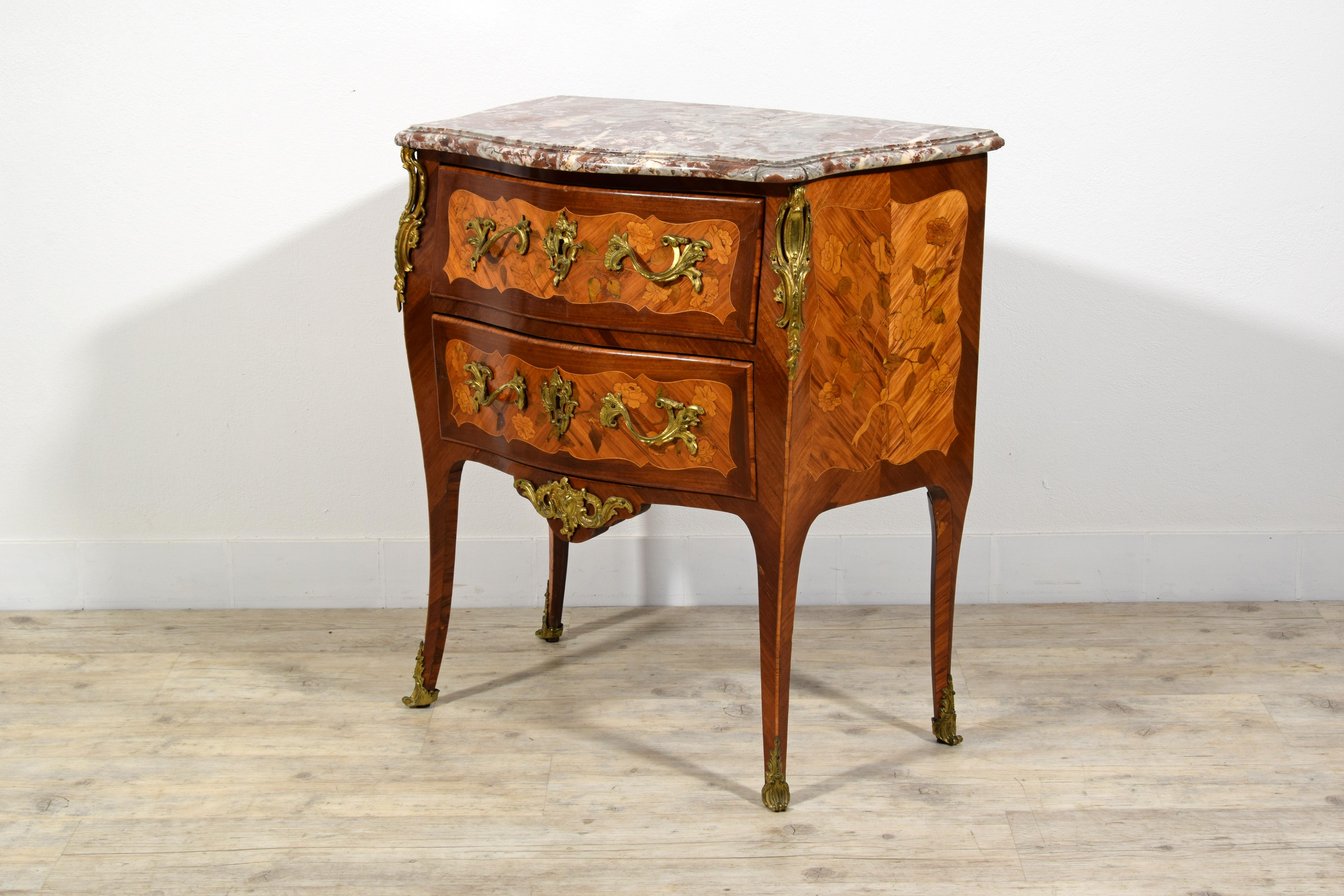 Gilt 18th century, Small French Veneered and Inlaid Wood Commode For Sale