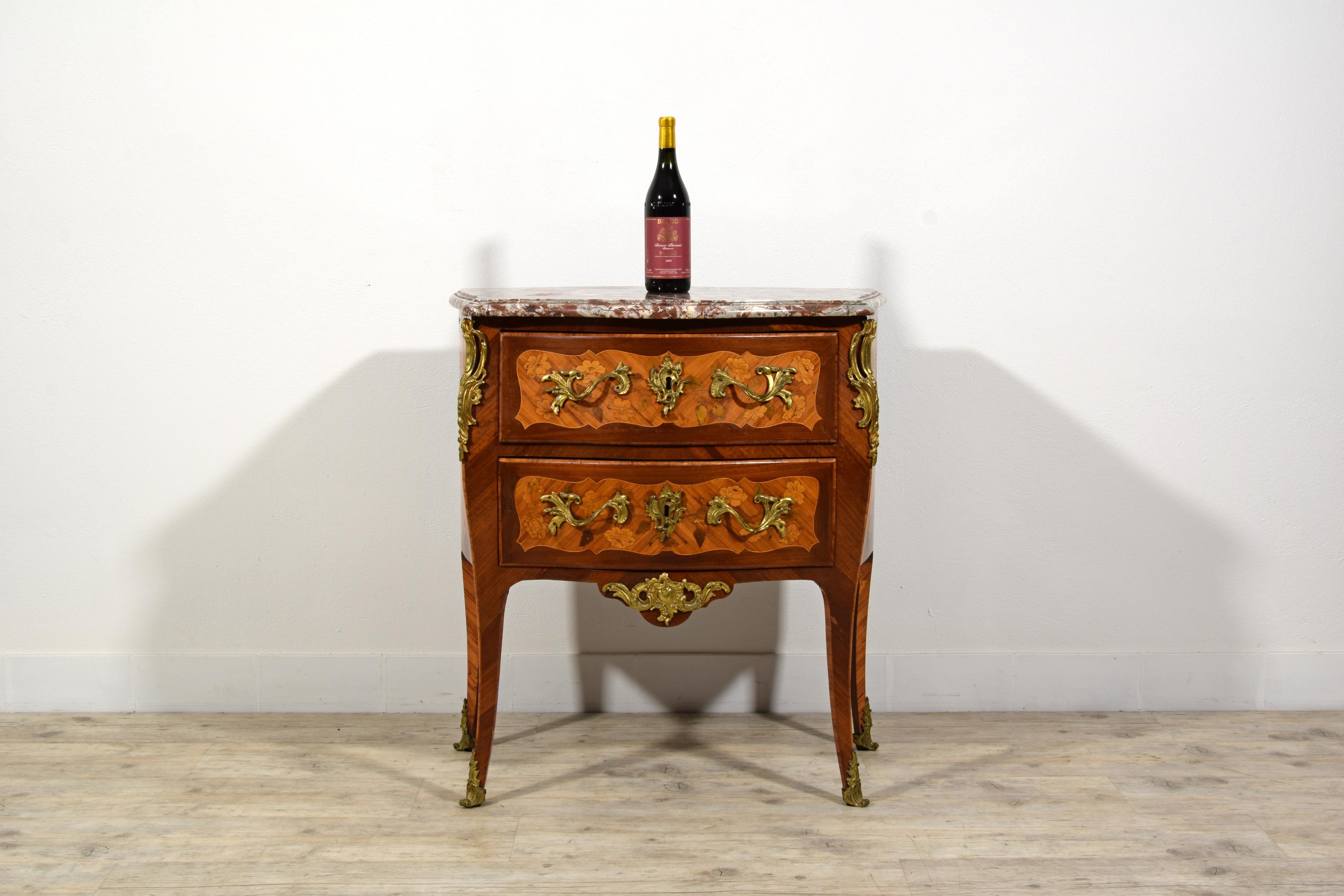 Bronze 18th century, Small French Veneered and Inlaid Wood Commode For Sale