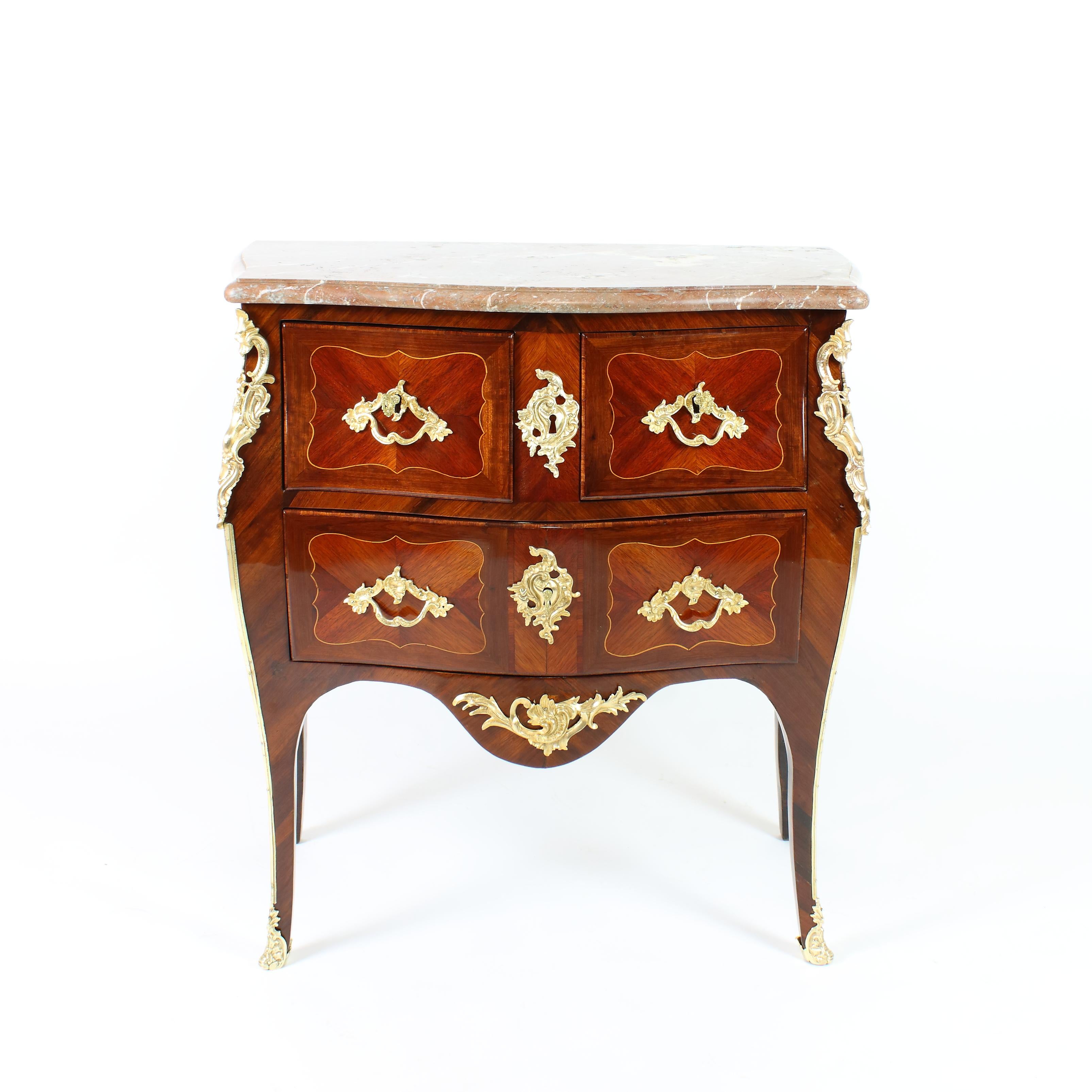 French 18th Century Small Louis XV Marquetry Bombé Shaped Commode or Sauteuse