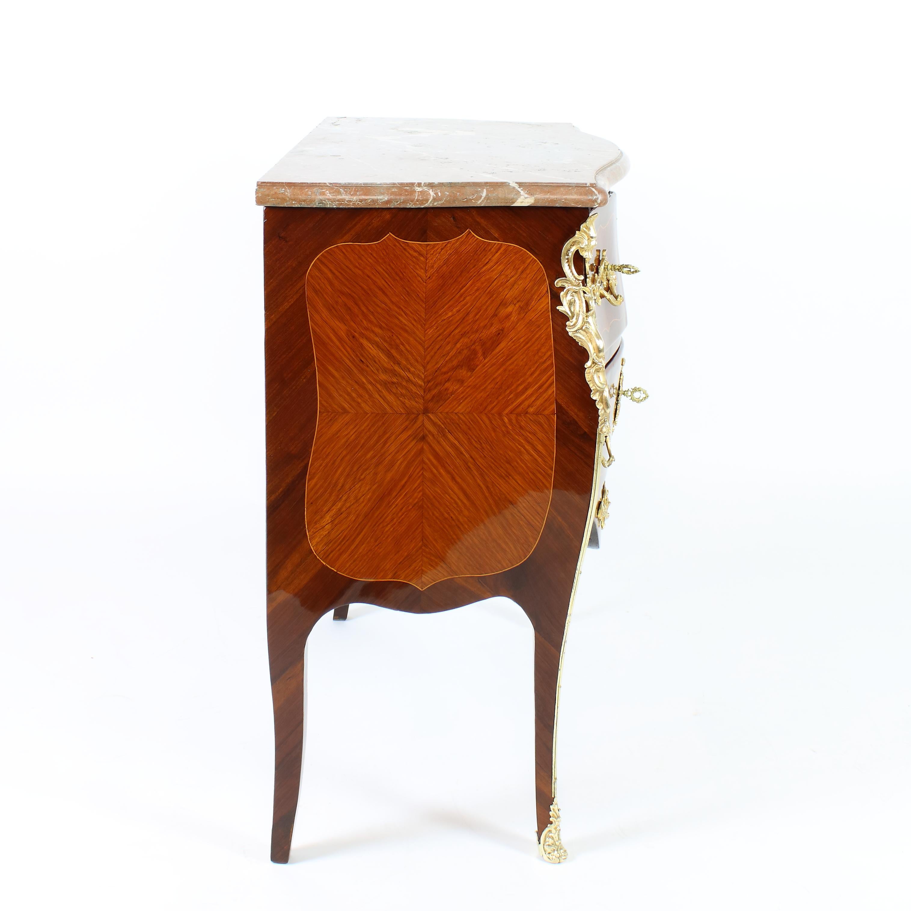 Gilt 18th Century Small Louis XV Marquetry Bombé Shaped Commode or Sauteuse