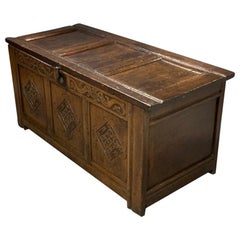 18th Century Solid Oak Carved Panelled Coffer