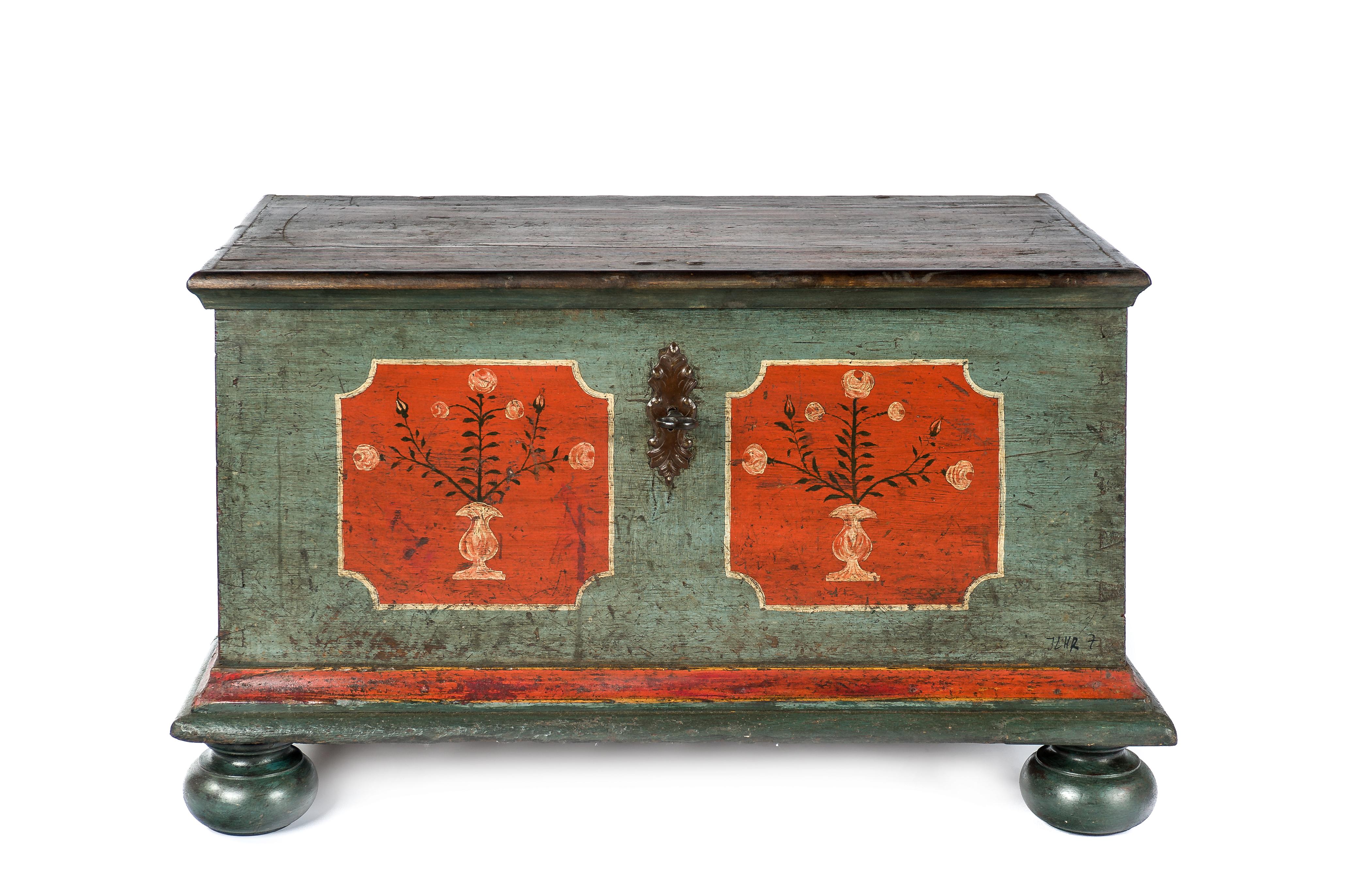 This beautiful trunk or blanket chest was made in the Northern part of Austria, at the time the center of the Habsburg monarchy. The piece was made in the late 18th century circa 1780. It was completely made in solid pine by the use of traditional