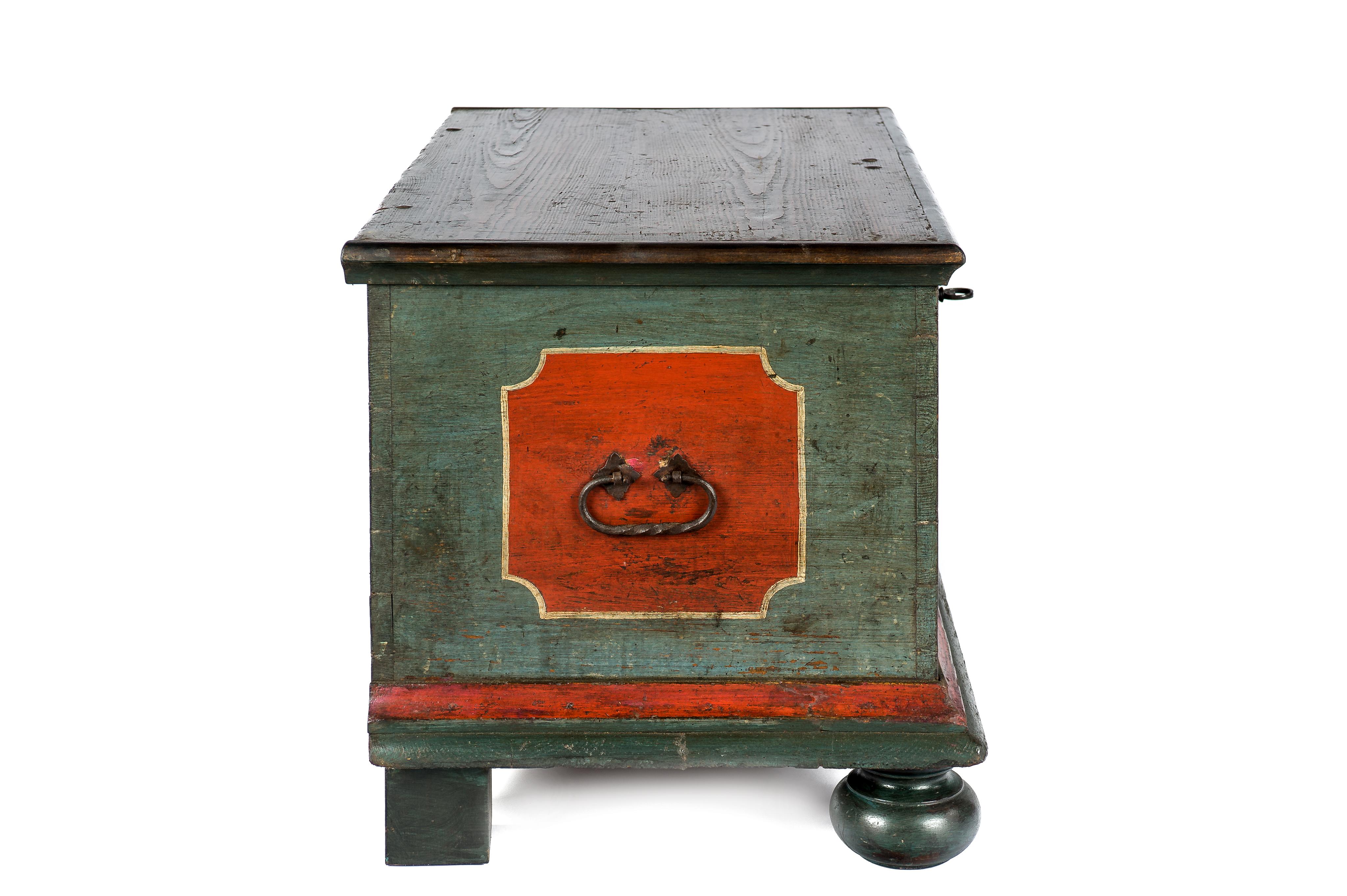 Forged 18th-Century Solid Pine and Traditional Painted Rural Bohemian Trunk or Chest