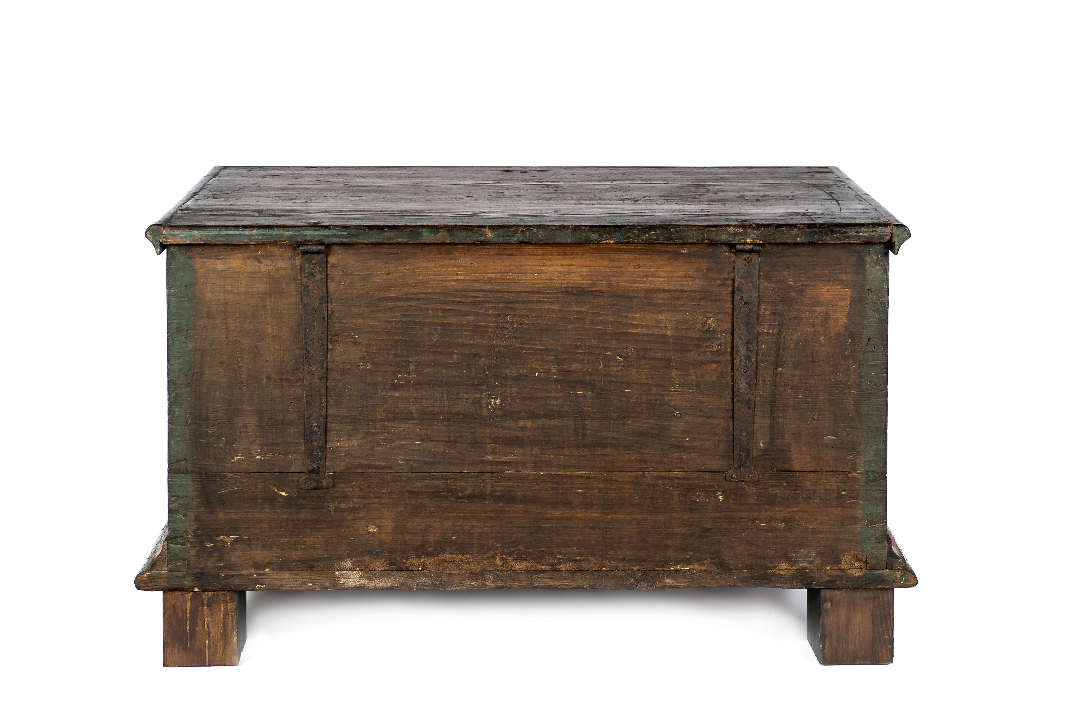 Steel 18th-Century Solid Pine and Traditional Painted Rural Bohemian Trunk or Chest