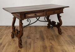 18th Century Solid Walnut Baroque Lyre-Leg Trestle Refectory Desk Writing Table